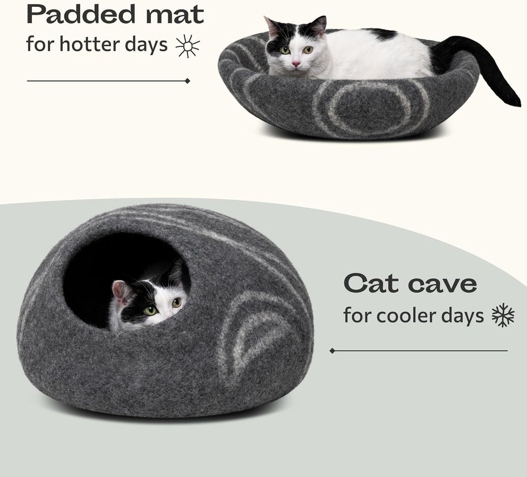 Cat Cave – Premium Felt Cat Bed for Indoor Cats, Handmade 100% Merino Wool, Cat (Medium, Dark Grey)